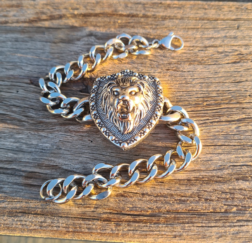 92.5 Silver Lion Head Braided Leather Bracelet For Men - Silver Palace